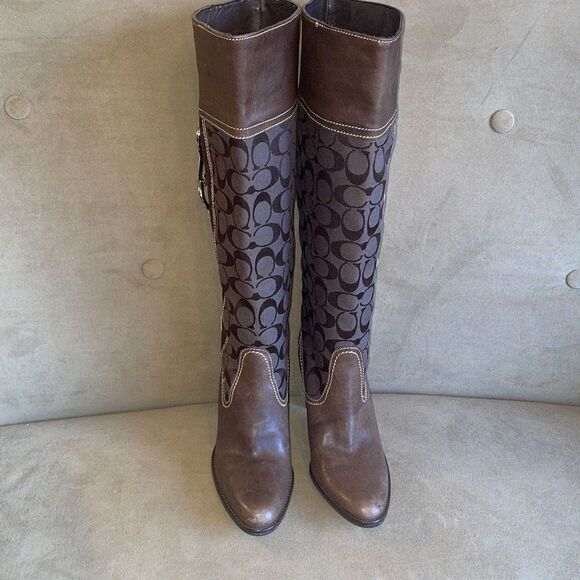 RARE Coach Yvette Tall Leather & Logo Fabric Mixed Media Boots sz 7.5 - Brown - Picture 4 of 13
